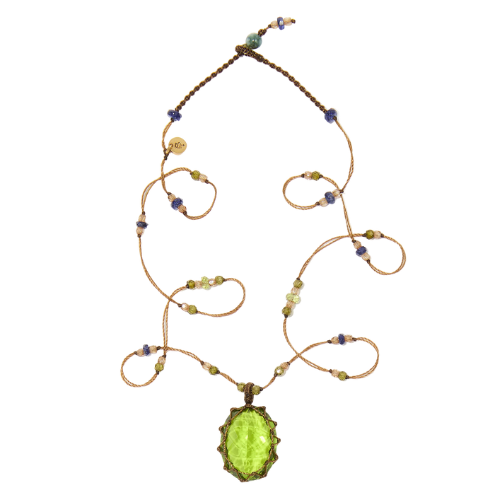 Collier court tibétain - Indian Glass Péridot - Mix Saphir & Émeraude - Fil Tabac