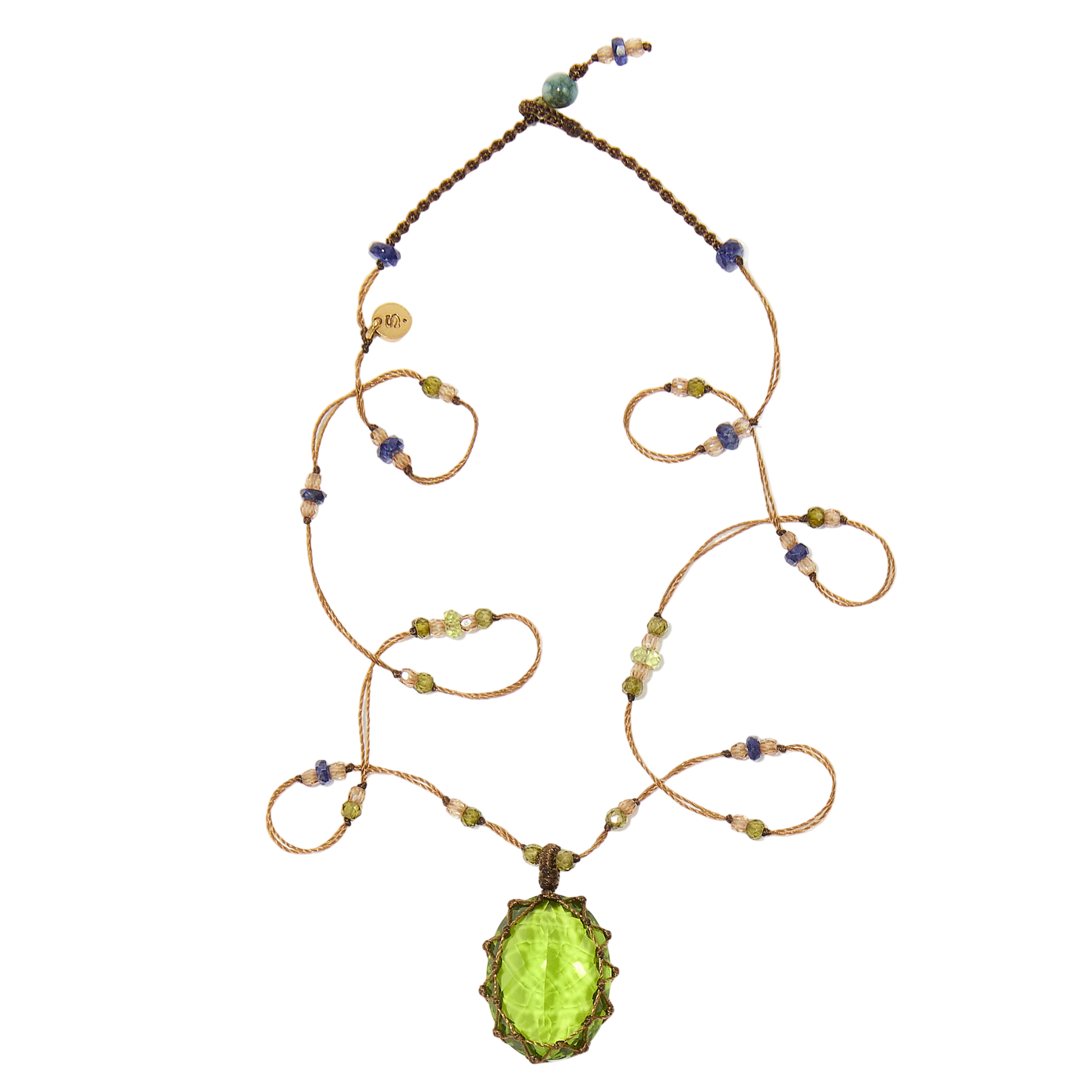 Collier court tibétain - Indian Glass Péridot - Mix Saphir & Émeraude - Fil Tabac