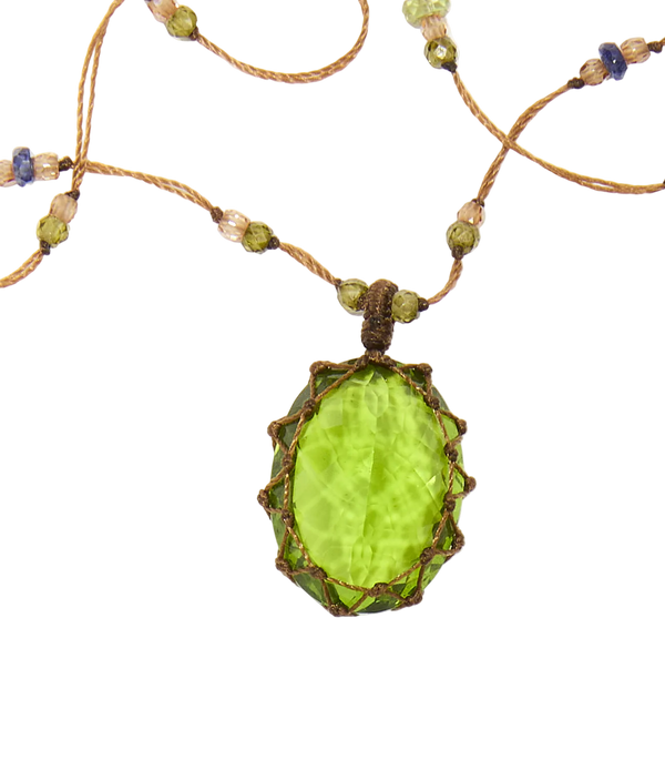 Collier court tibétain - Indian Glass Péridot - Mix Saphir & Émeraude - Fil Tabac