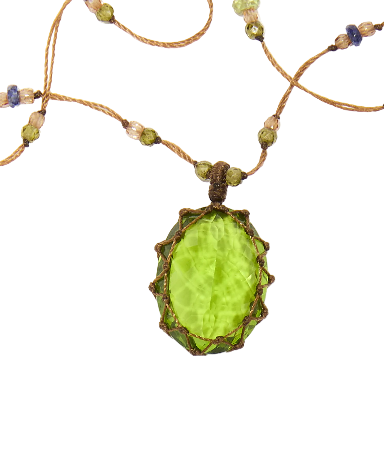 Collier court tibétain - Indian Glass Péridot - Mix Saphir & Émeraude - Fil Tabac