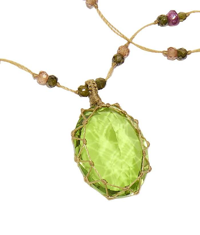 Collier court tibétain - Indian Glass Péridot - Mix Tourmaline - Fil Beige