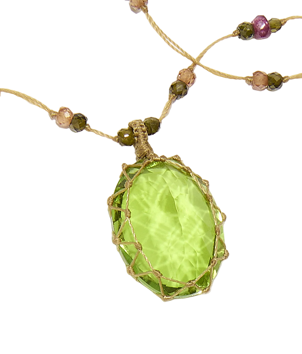 Collier court tibétain - Indian Glass Péridot - Mix Tourmaline - Fil Beige