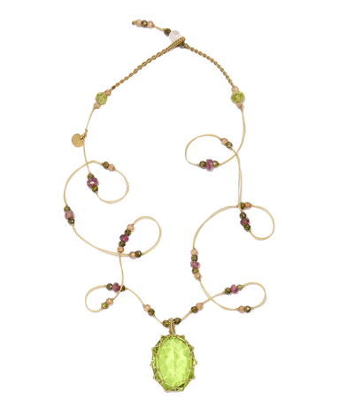 Collier court tibétain - Indian Glass Péridot - Mix Tourmaline - Fil Beige