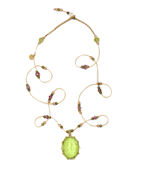 Collier court tibétain - Indian Glass Péridot - Mix Tourmaline - Fil Beige