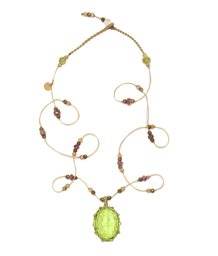 Collier court tibétain - Indian Glass Péridot - Mix Tourmaline - Fil Beige