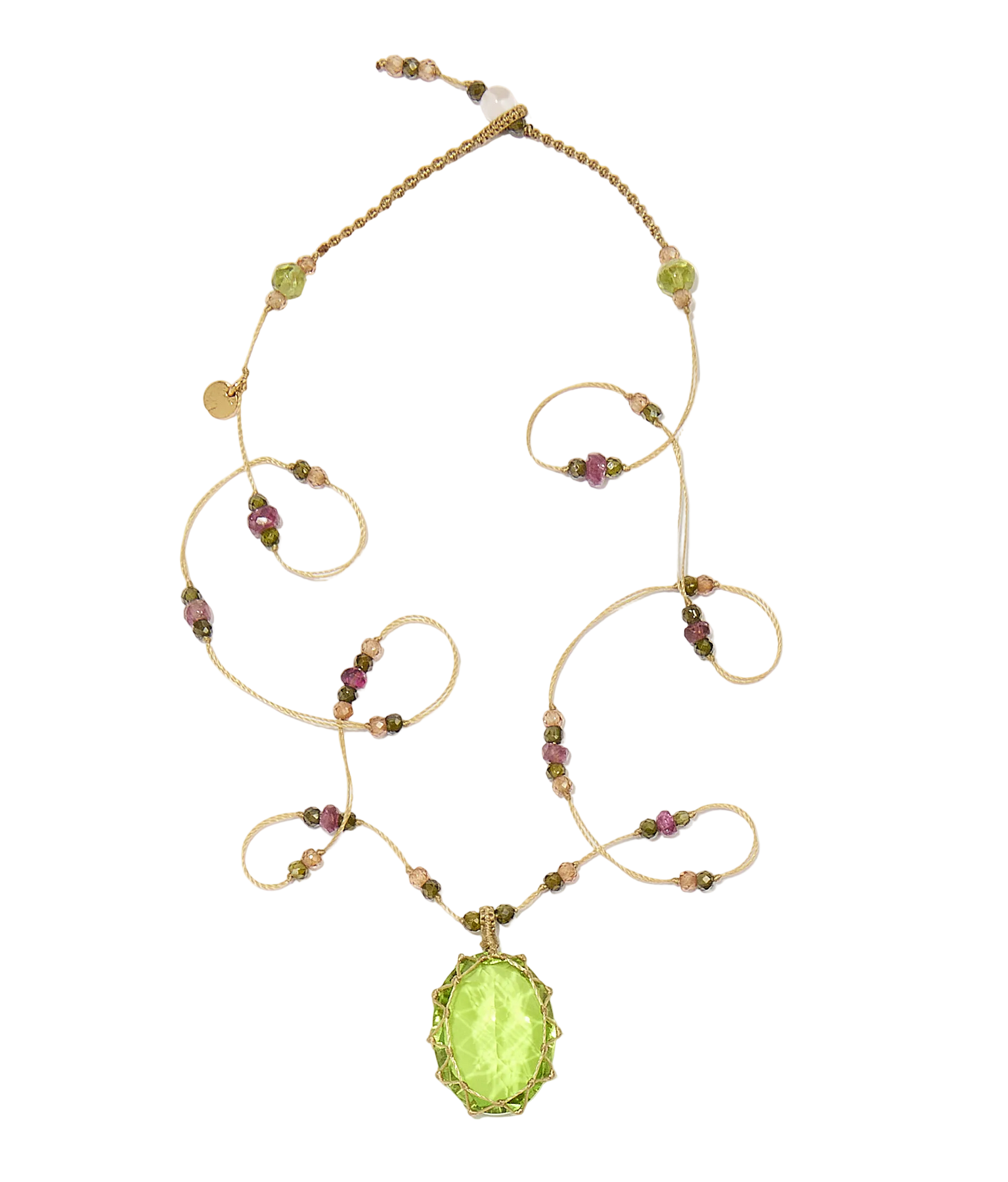 Collier court tibétain - Indian Glass Péridot - Mix Tourmaline - Fil Beige
