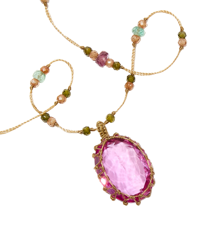 Collier court tibétain - Indian Glass Rose - Mix Emeraude & Tourmaline - Fil Beige
