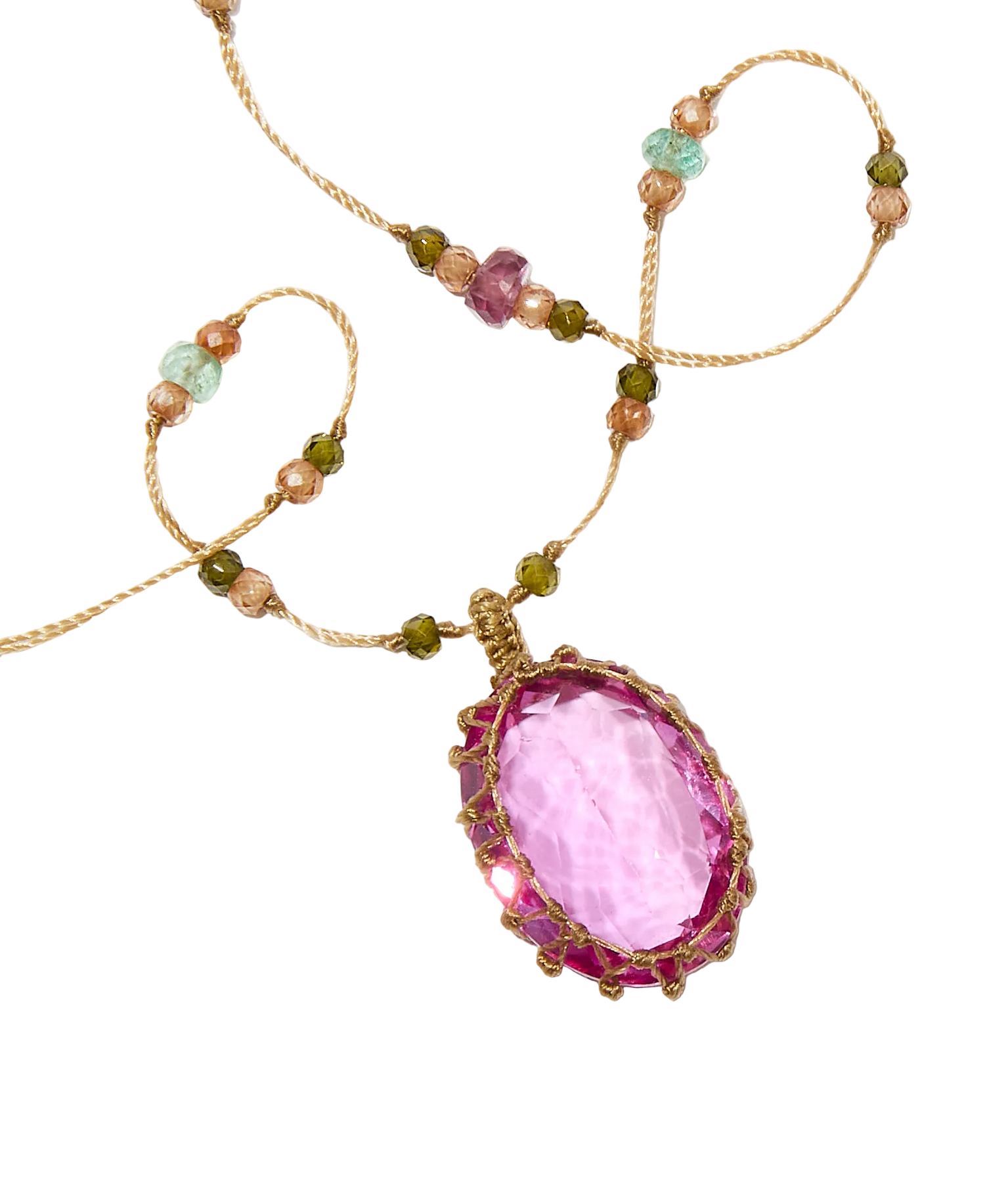 Collier court tibétain - Indian Glass Rose - Mix Emeraude & Tourmaline - Fil Beige