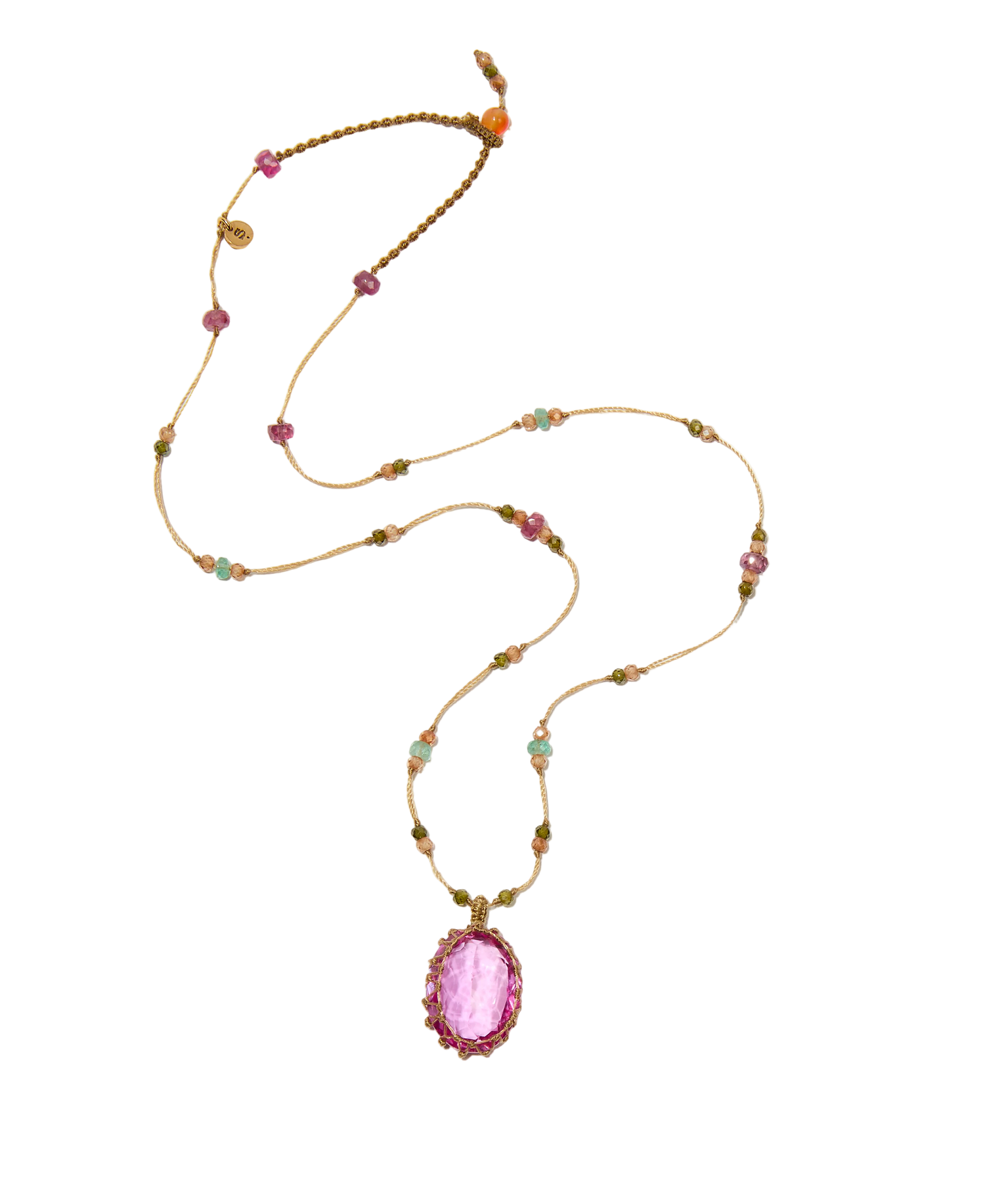 Collier court tibétain - Indian Glass Rose - Mix Emeraude & Tourmaline - Fil Beige