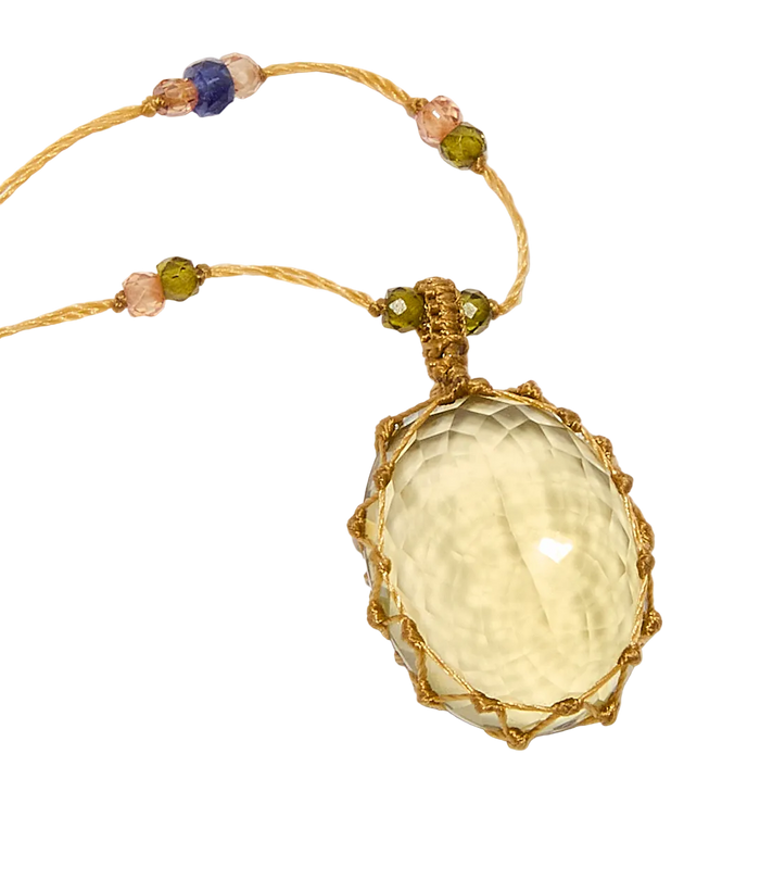 Collier court tibétain - Lemon Topaze - Mix Saphir - Fil Beige