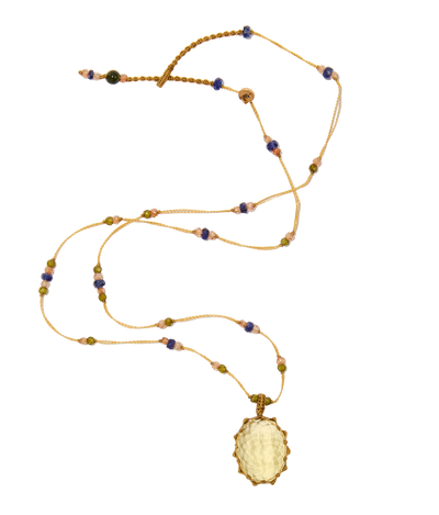 Collier court tibétain - Lemon Topaze - Mix Saphir - Fil Beige