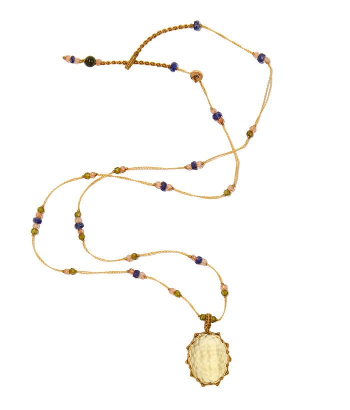 Collier court tibétain - Lemon Topaze - Mix Saphir - Fil Beige