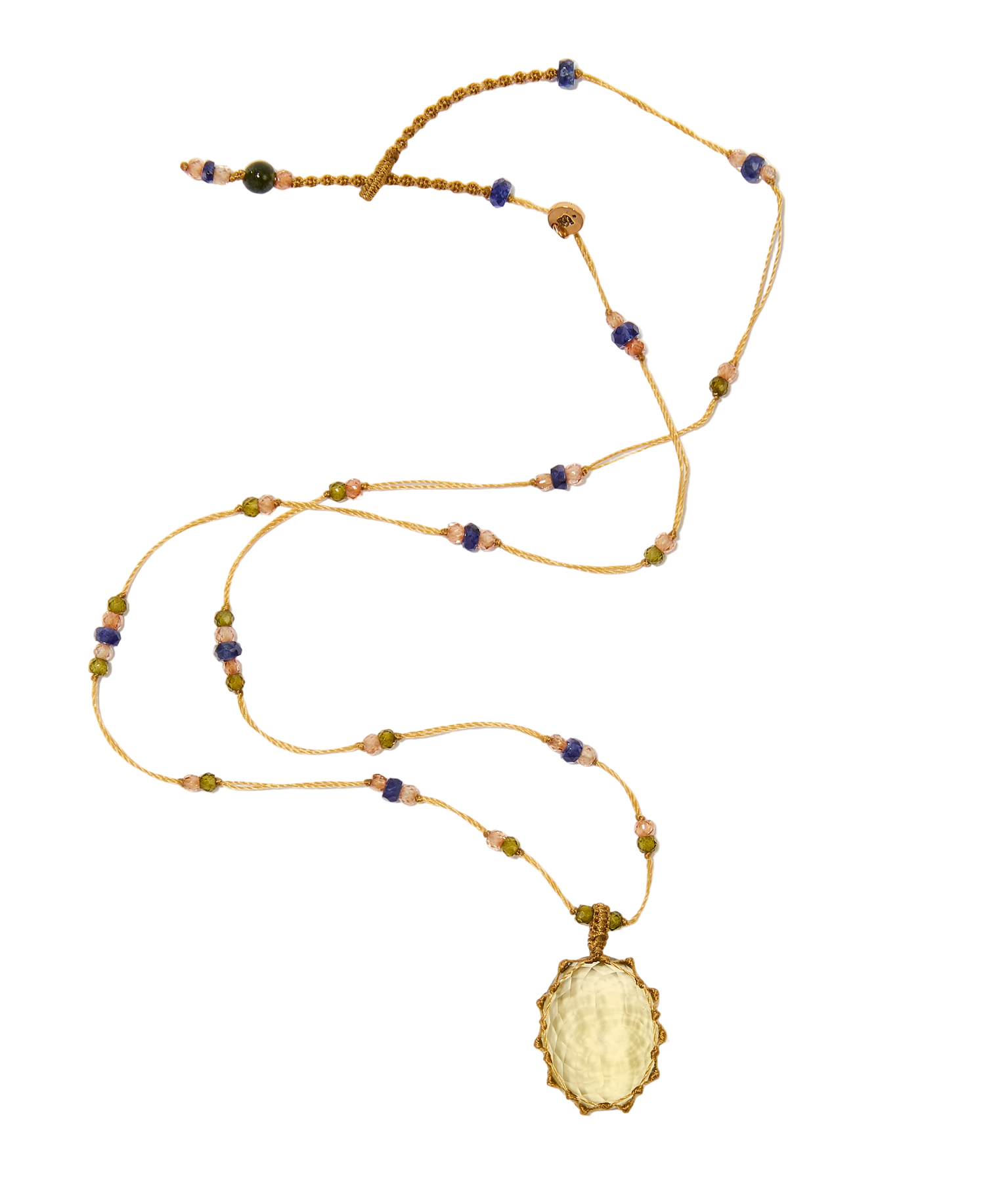 Collier court tibétain - Lemon Topaze - Mix Saphir - Fil Beige