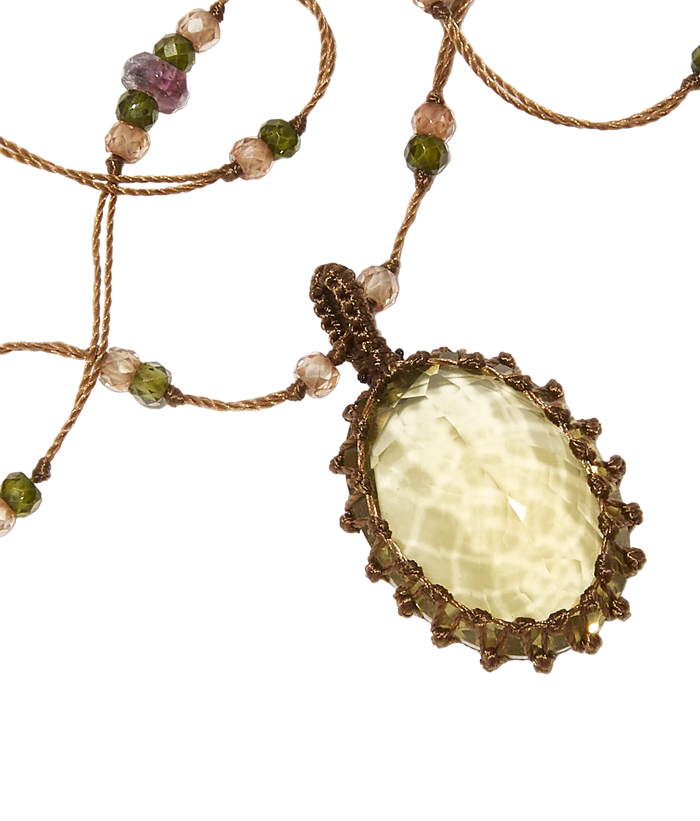 Collier court tibétain - Lemon Topaze - Mix Tourmaline - Fil Tabac