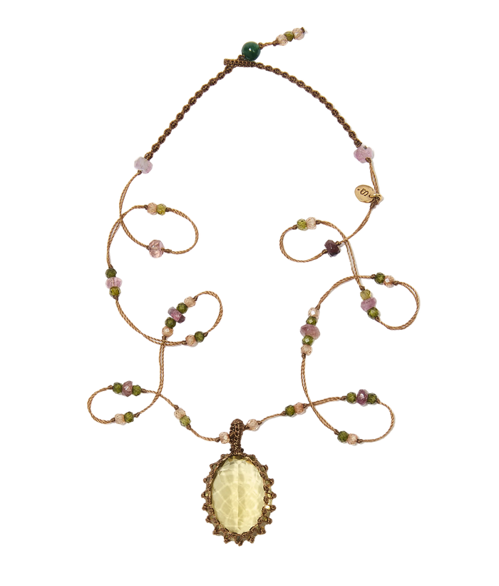 Collier court tibétain - Lemon Topaze - Mix Tourmaline - Fil Tabac