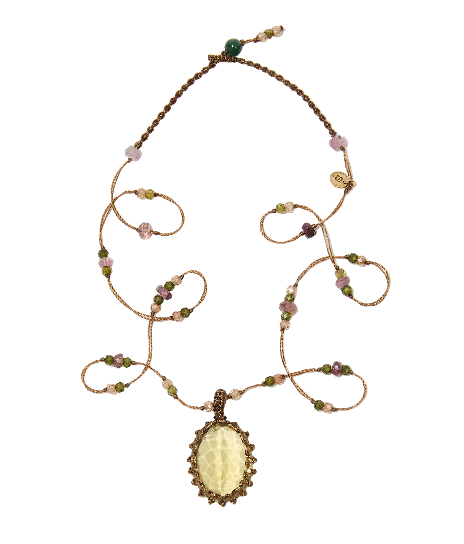 Collier court tibétain - Lemon Topaze - Mix Tourmaline - Fil Tabac