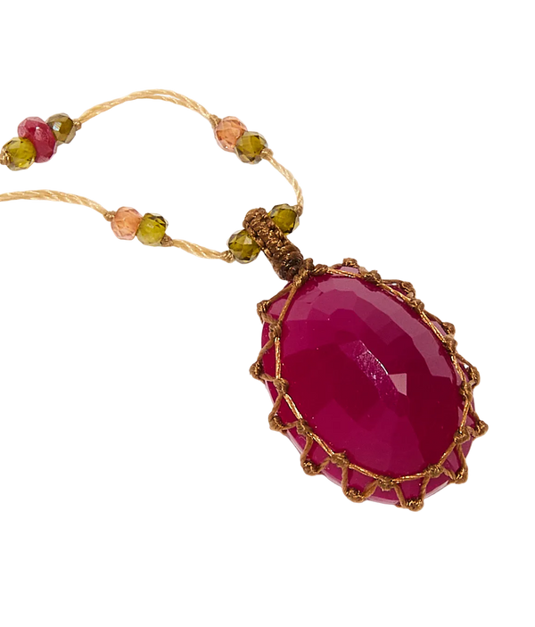 Collier court tibétain - Onyx Red - Mix rubis - Fil Beige