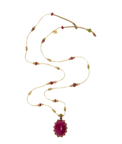Collier court tibétain - Onyx Red - Mix rubis - Fil Beige