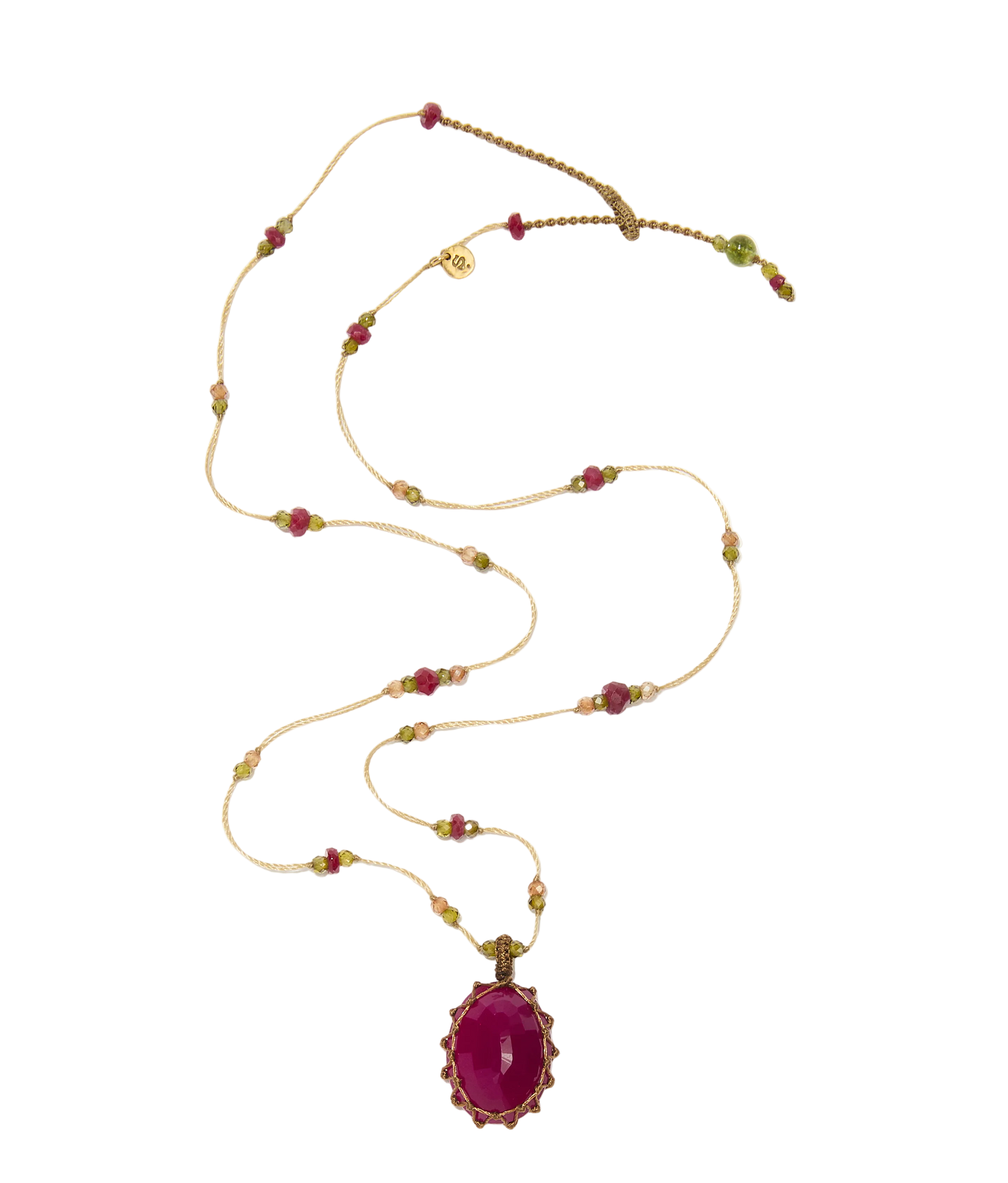 Collier court tibétain - Onyx Red - Mix rubis - Fil Beige