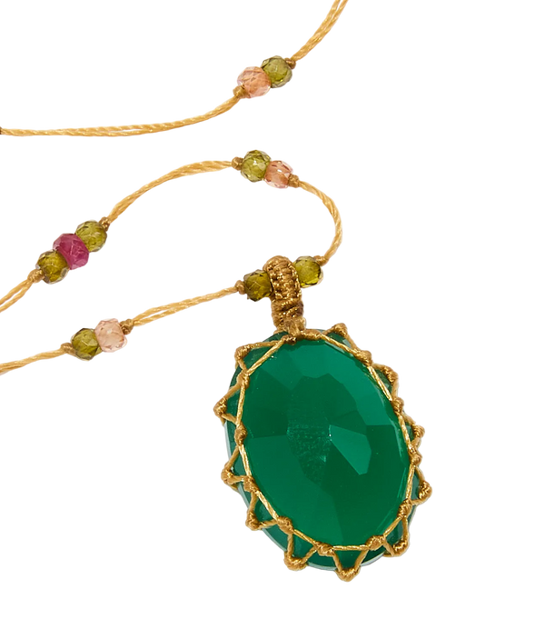 Collier court tibétain - Onyx vert - Mix Précieux - Fil Beige