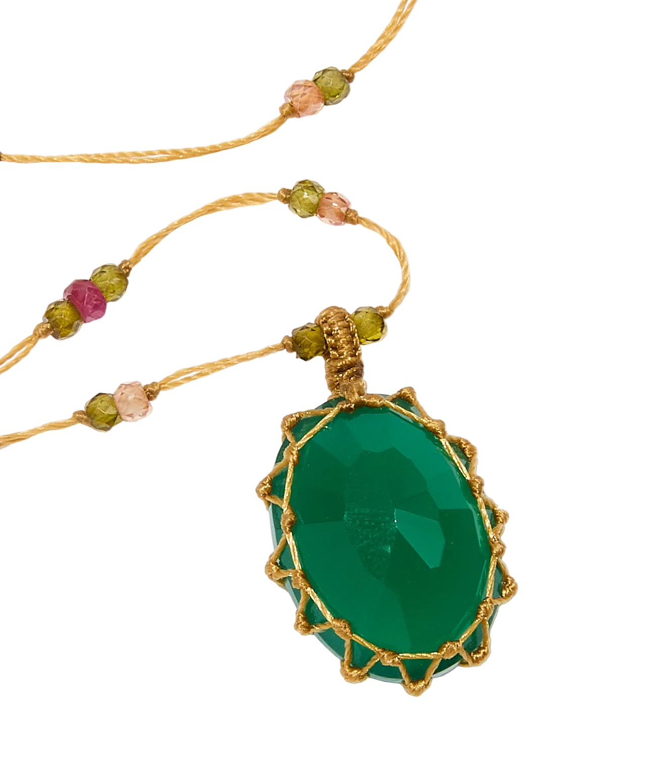 Collier court tibétain - Onyx vert - Mix Précieux - Fil Beige