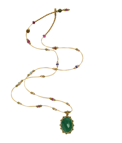 Collier court tibétain - Onyx vert - Mix Précieux - Fil Beige