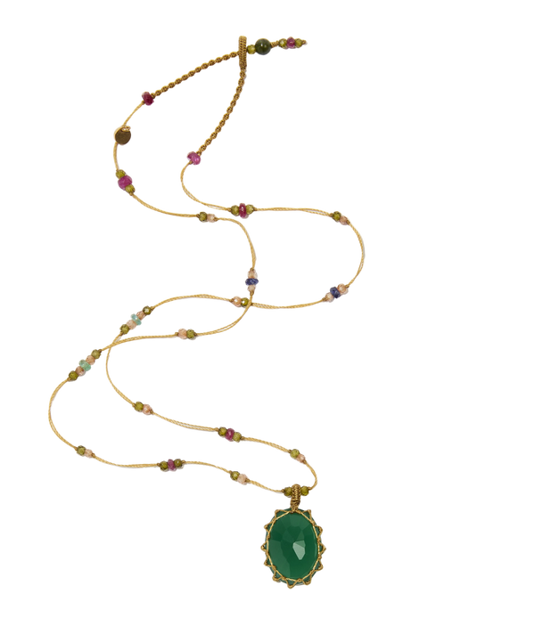 Collier court tibétain - Onyx vert - Mix Précieux - Fil Beige