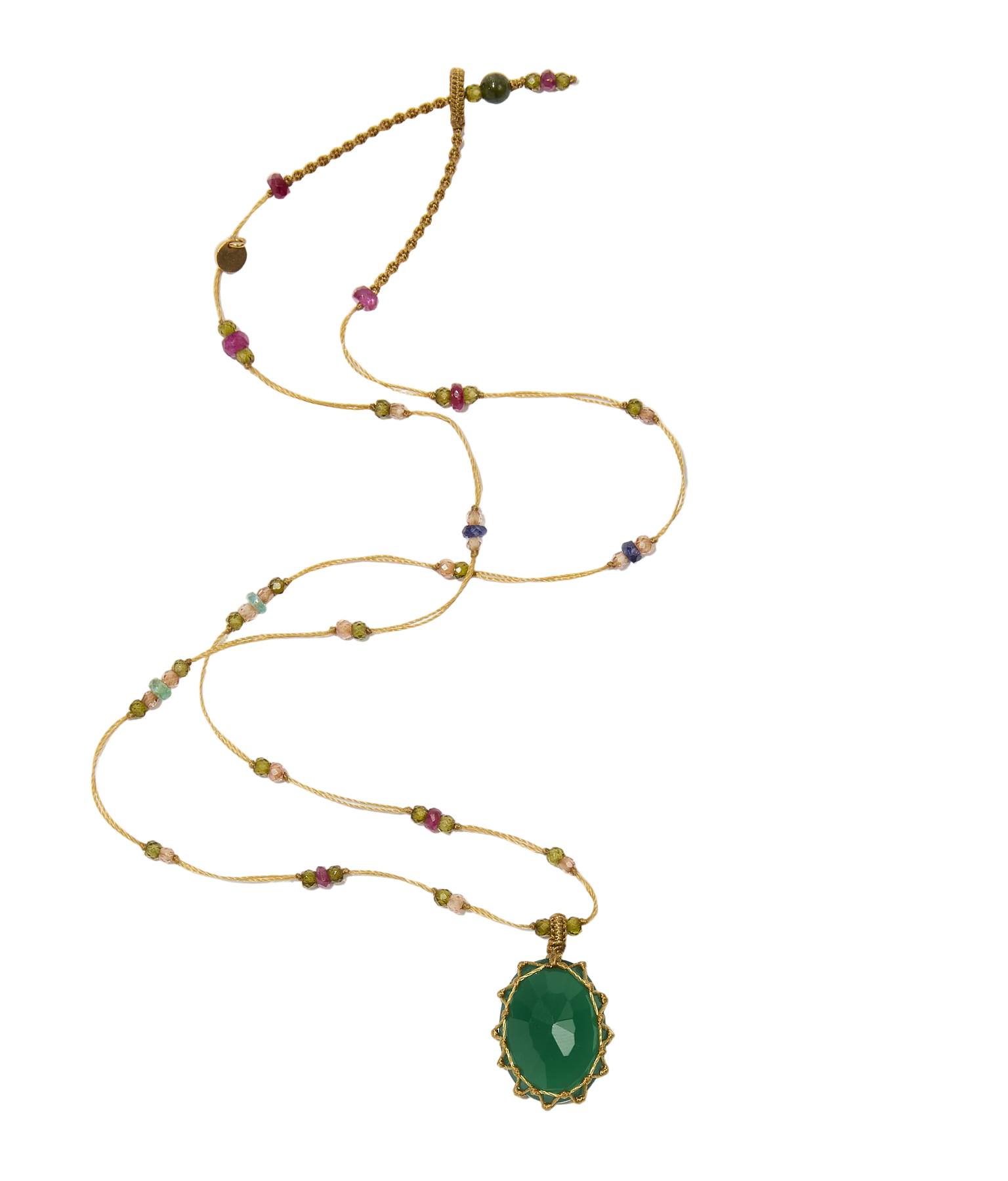 Collier court tibétain - Onyx vert - Mix Précieux - Fil Beige