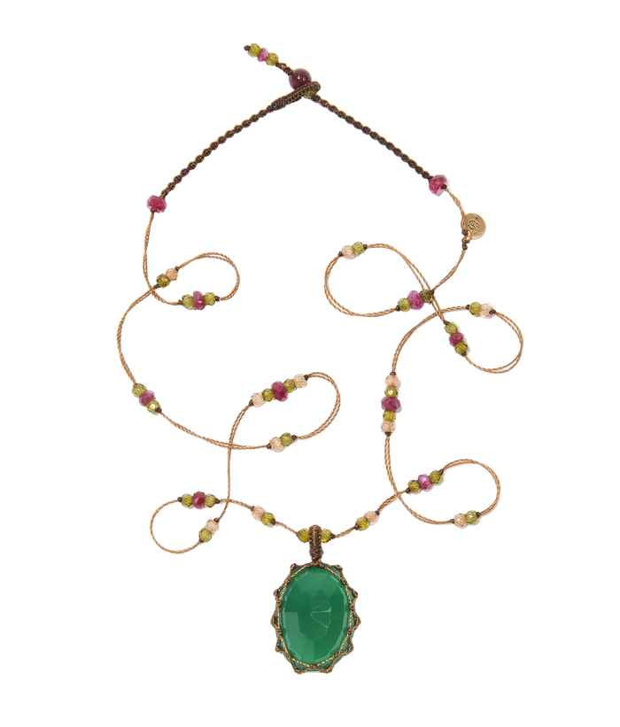 Collier court tibétain - Onyx vert - Mix Tourmaline - Fil Tabac