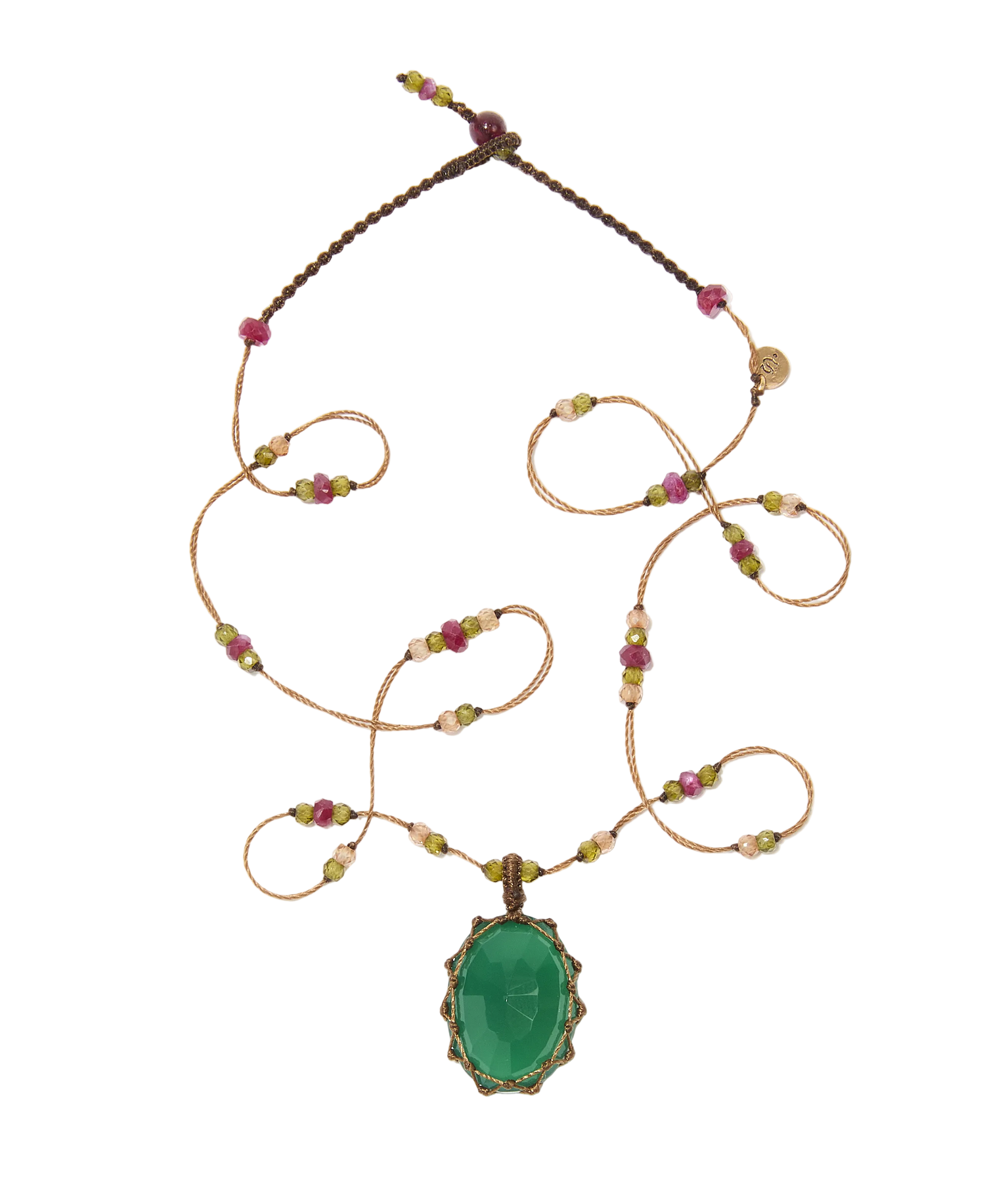 Collier court tibétain - Onyx vert - Mix Tourmaline - Fil Tabac