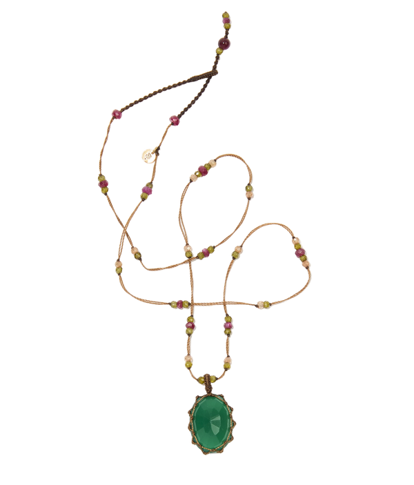 Collier court tibétain - Onyx vert - Mix Tourmaline - Fil Tabac