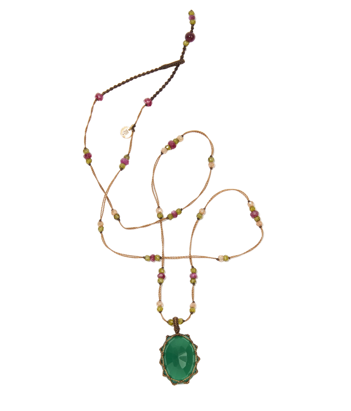 Collier court tibétain - Onyx vert - Mix Tourmaline - Fil Tabac