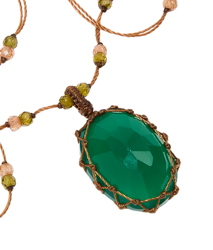 Collier court tibétain - Onyx vert - Mix Tourmaline - Fil Tabac