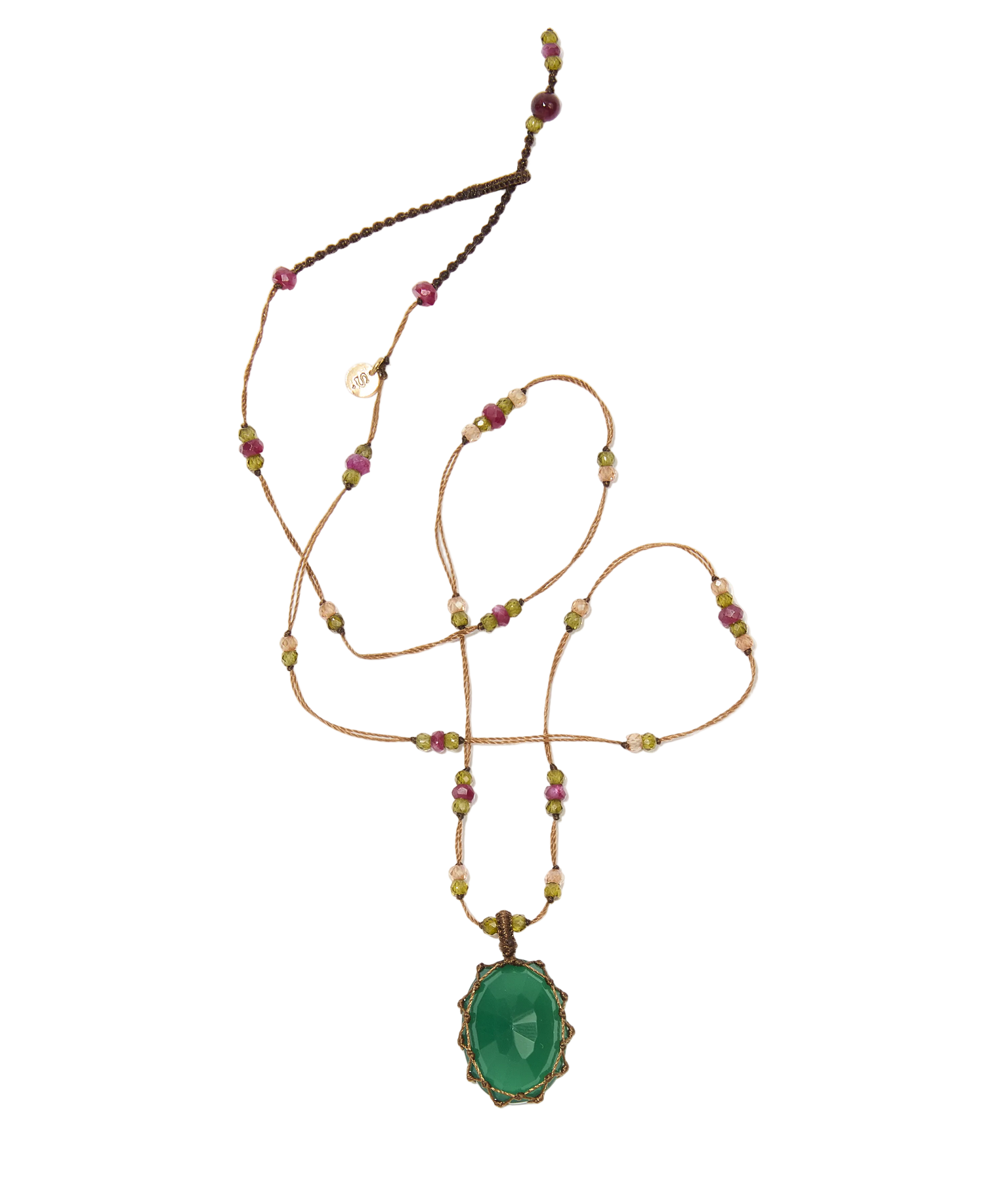 Collier court tibétain - Onyx vert - Mix Tourmaline - Fil Tabac