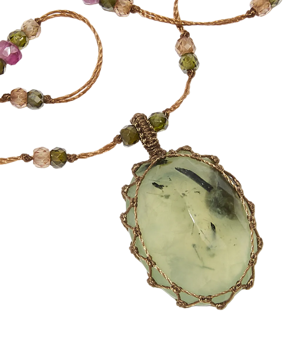 Collier court tibétain - Prehnite Rutile - Mix Tourmaline - Fil Tabac