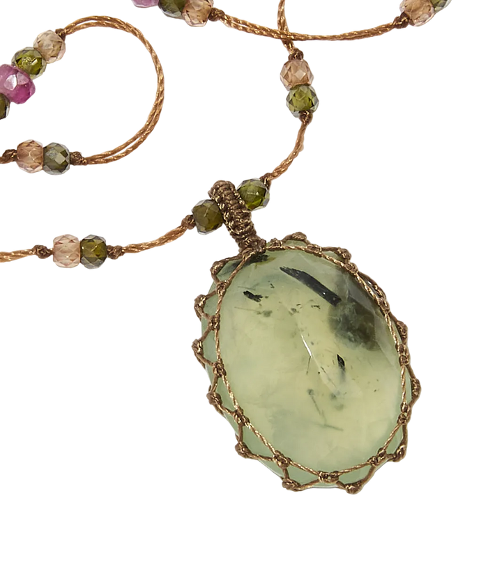 Collier court tibétain - Prehnite Rutile - Mix Tourmaline - Fil Tabac