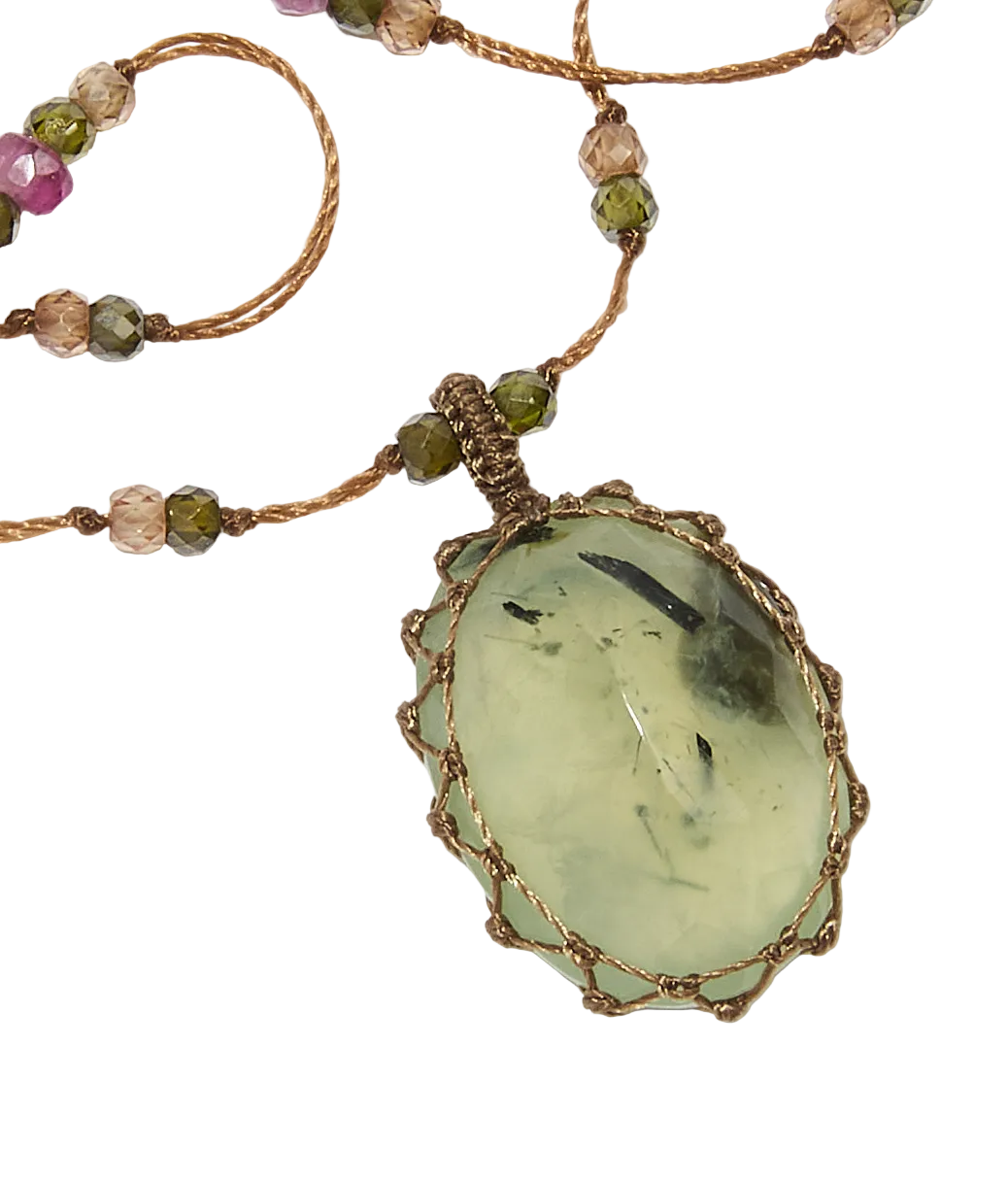 Collier court tibétain - Prehnite Rutile - Mix Tourmaline - Fil Tabac