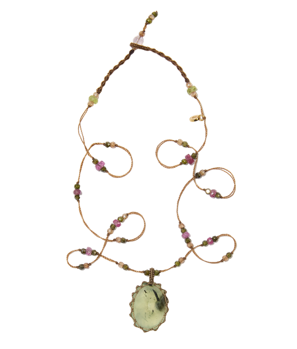 Collier court tibétain - Prehnite Rutile - Mix Tourmaline - Fil Tabac