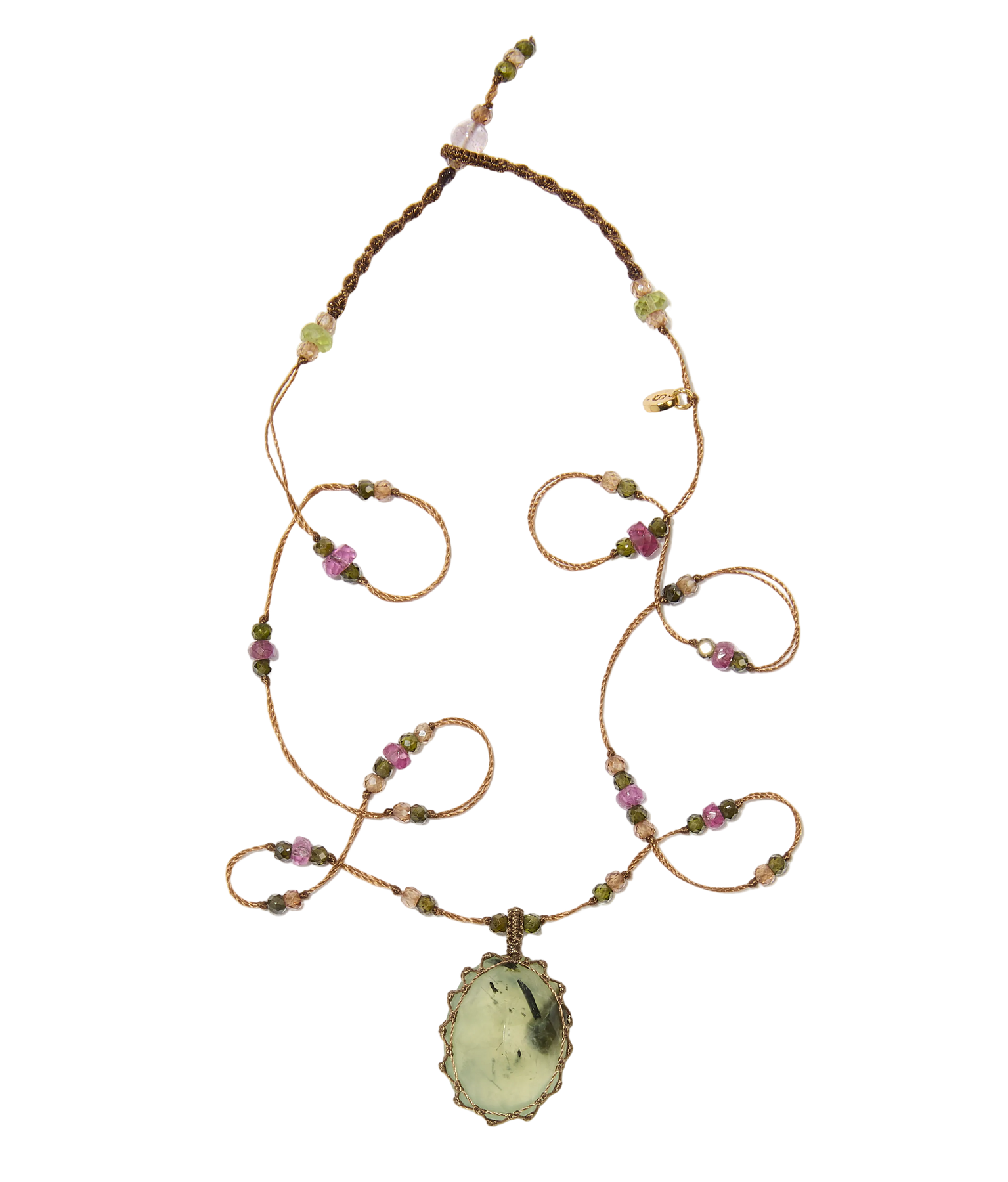 Collier court tibétain - Prehnite Rutile - Mix Tourmaline - Fil Tabac