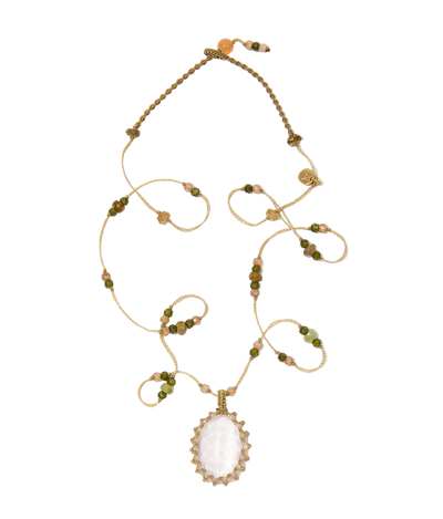 Collier court tibétain - Quartz rose - Mix Tourmaline - Fil Beige