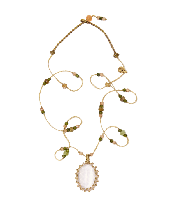 Collier court tibétain - Quartz rose - Mix Tourmaline - Fil Beige