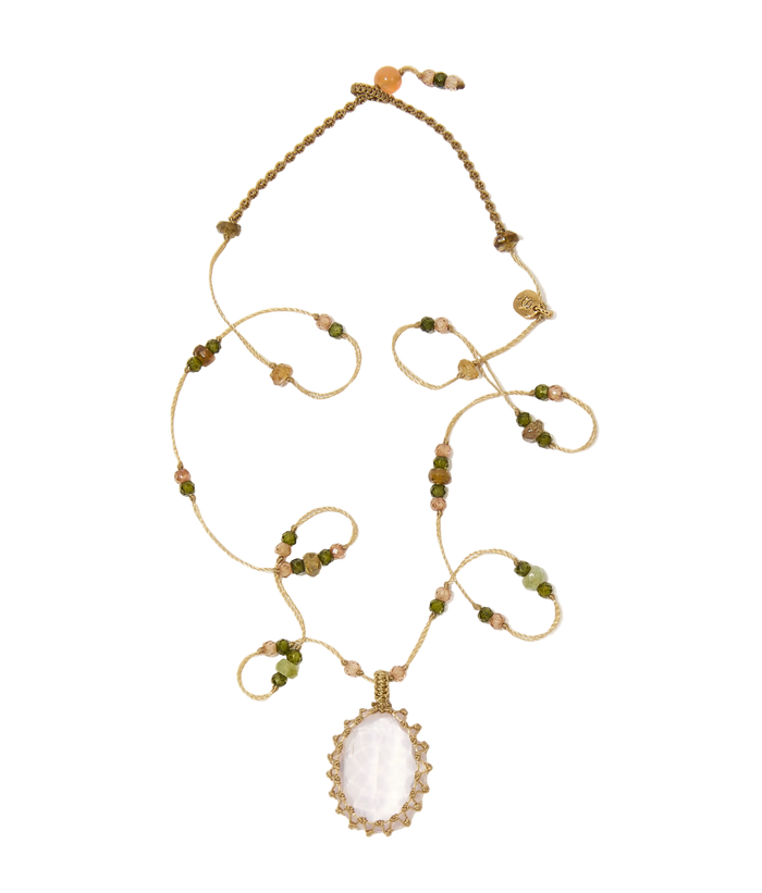 Collier court tibétain - Quartz rose - Mix Tourmaline - Fil Beige