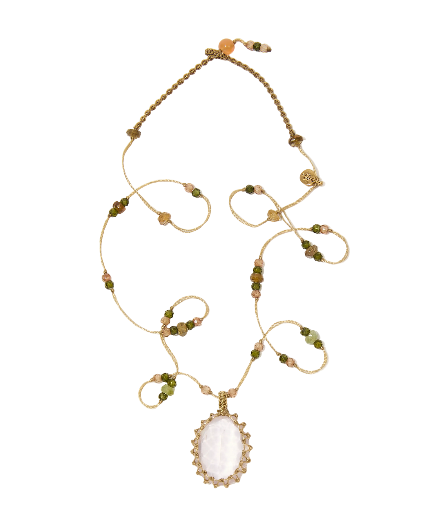 Collier court tibétain - Quartz rose - Mix Tourmaline - Fil Beige