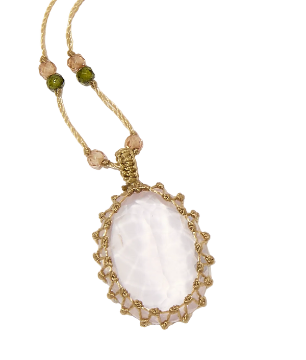 Collier court tibétain - Quartz rose - Mix Tourmaline - Fil Beige