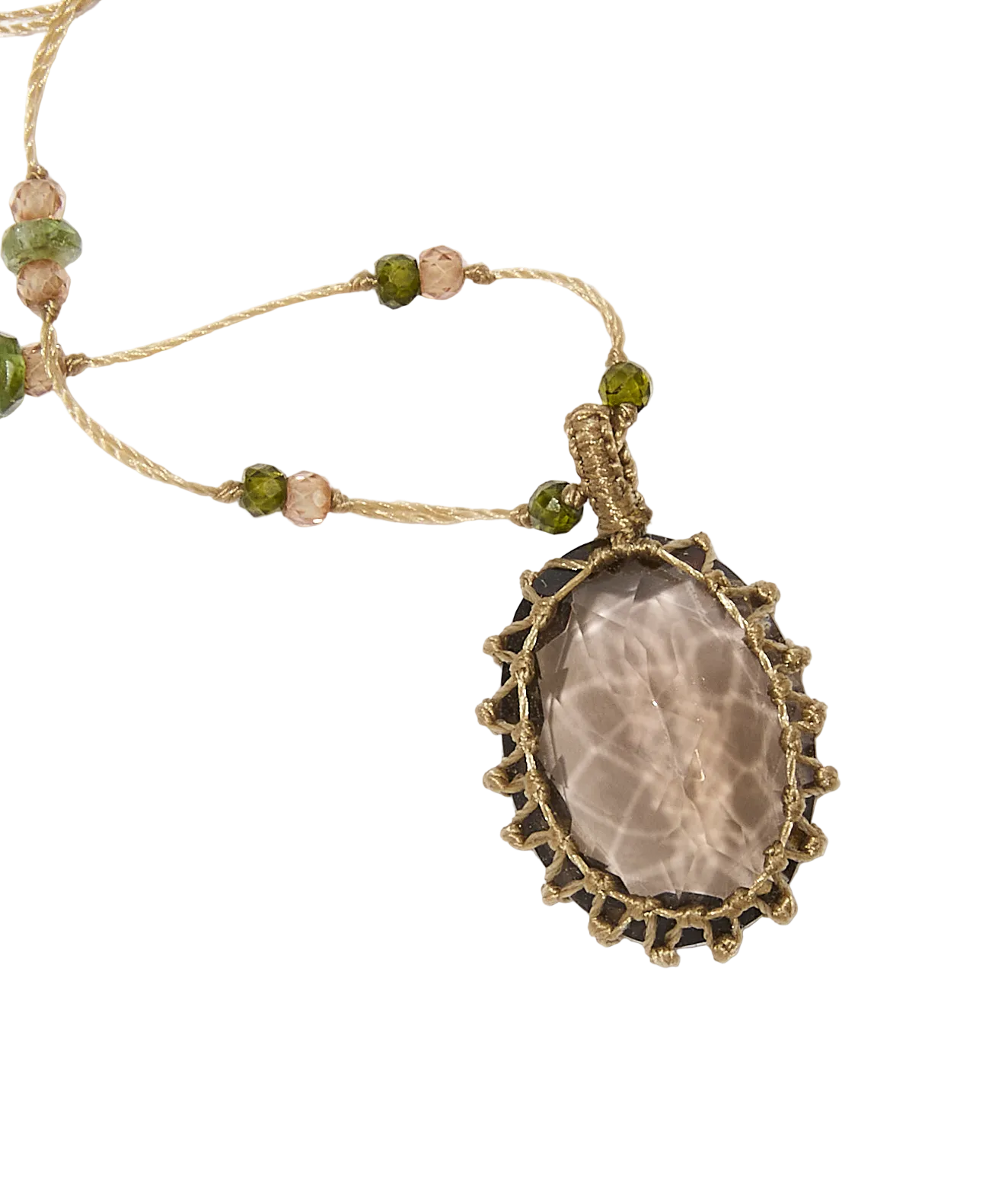 Collier court tibétain - Quartz fumé - Mix Emeraude - Fil Beige