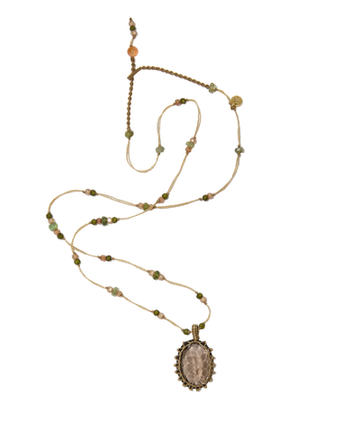 Collier court tibétain - Quartz fumé - Mix Emeraude - Fil Beige
