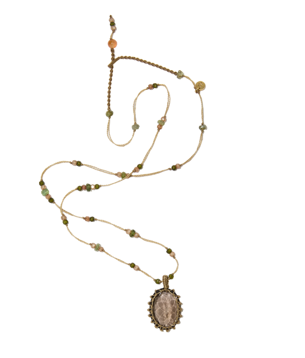 Collier court tibétain - Quartz fumé - Mix Emeraude - Fil Beige