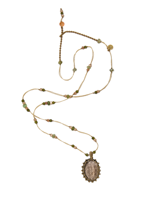 Collier court tibétain - Quartz fumé - Mix Emeraude - Fil Beige