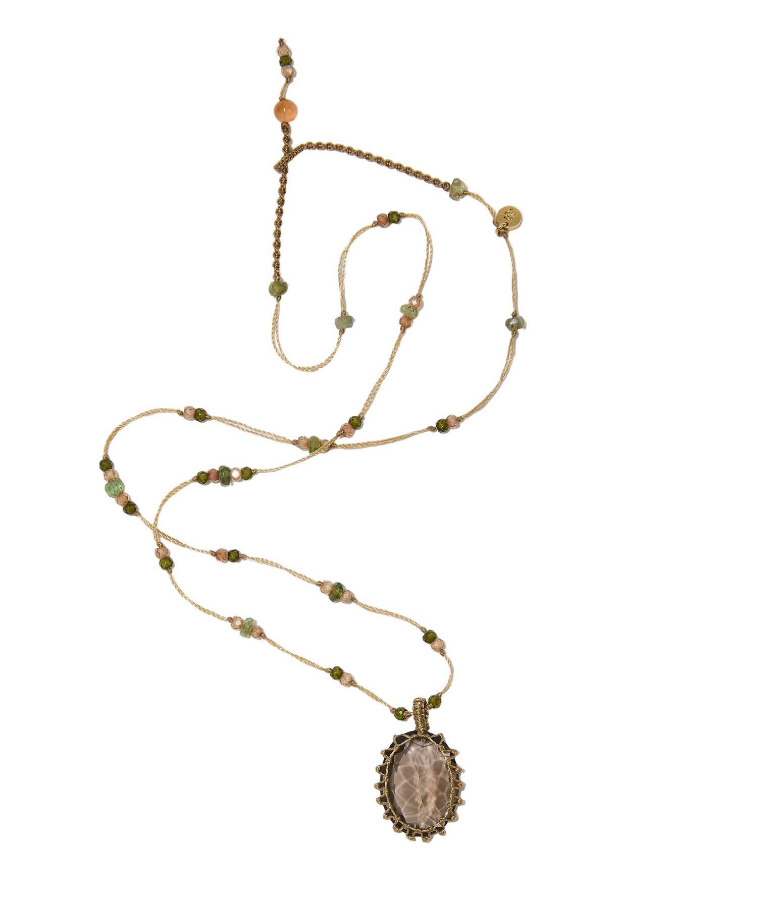Collier court tibétain - Quartz fumé - Mix Emeraude - Fil Beige