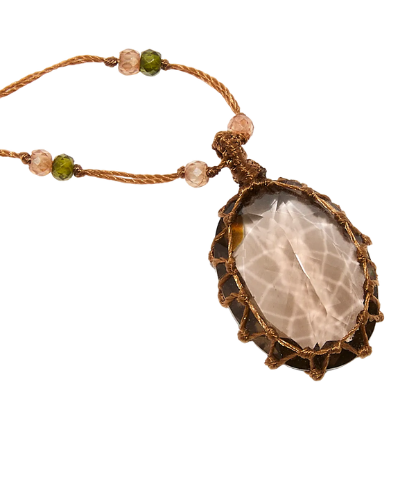 Collier court tibétain - Quartz fumé - Mix Tourmaline - Fil Tabac